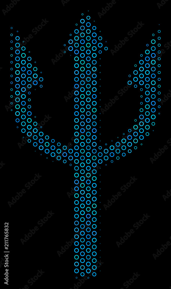 Poster halftone trident fork composition icon of circle bubbles in blue shades on a black background. vecto