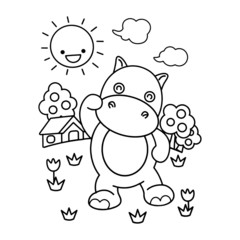 Hippo cartoon illustration isolated on white background for children color book