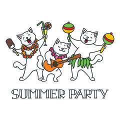 Summer party. Cute white cats having fun at a summer party. Doodle vector illustration