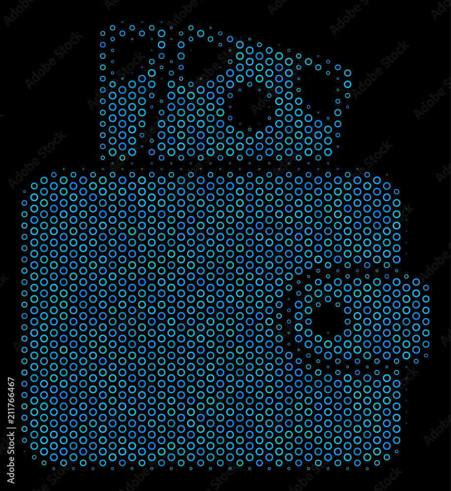 Aufkleber halftone wallet composition icon of circle elements in blue color tones on a black background. vecto