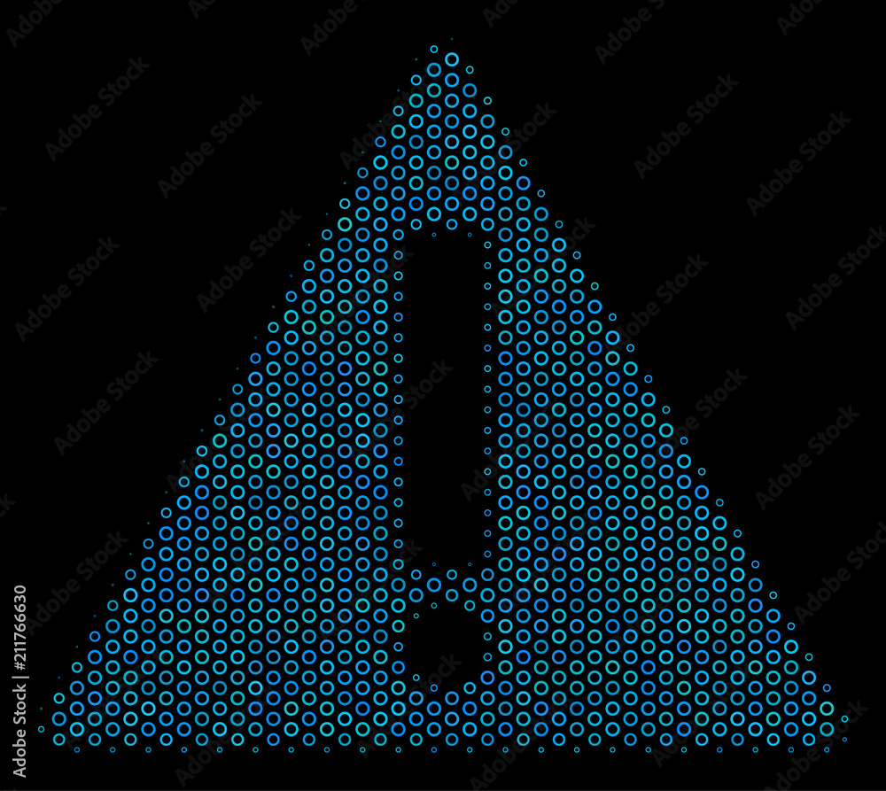 Poster halftone warning mosaic icon of circle elements in blue color tones on a black background. vector ci