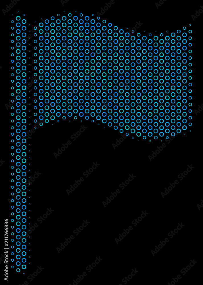 Poster halftone waving flag composition icon of spheric bubbles in blue color tints on a black background. 