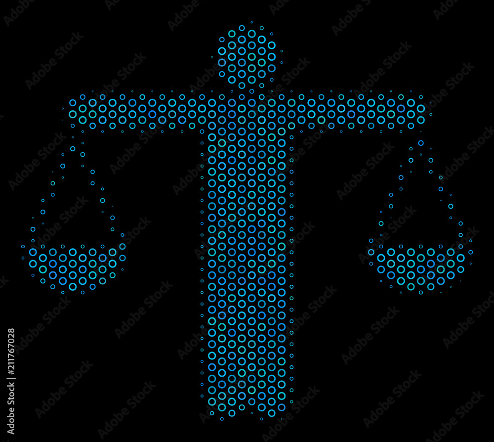 Poster halftone weight comparing person composition icon of empty circles in blue color tones on a black ba