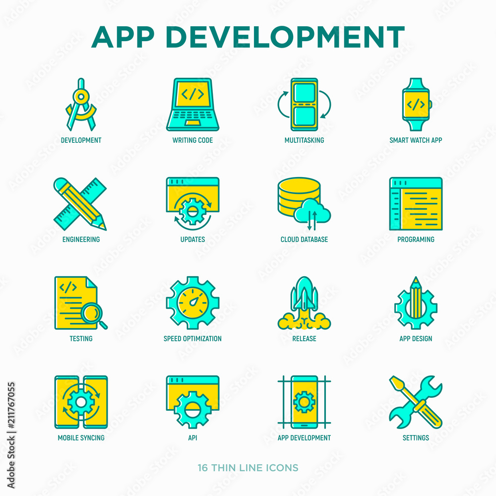 Poster app development thin line icons set: writing code, multitasking, smart watch app, engineering, updat