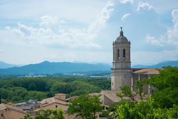 Fototapeta na wymiar View of the landscape and the Cathedral of Girona from the fortress wall, Spain