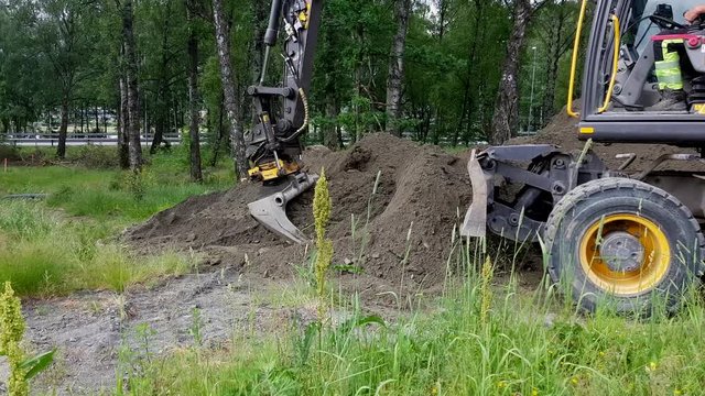 An excavator digs, and cleans the land from dirt.