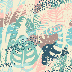 Seamless exotic pattern with tropical plants and artistic background.