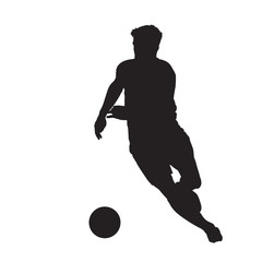 Soccer player running with ball, front view. Isolated vector silhouette