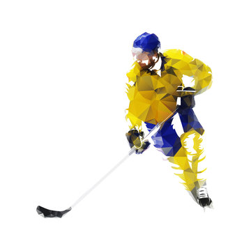 Ice hockey player in yellow jersey, low poly isolated vector illustration. Winter team sport