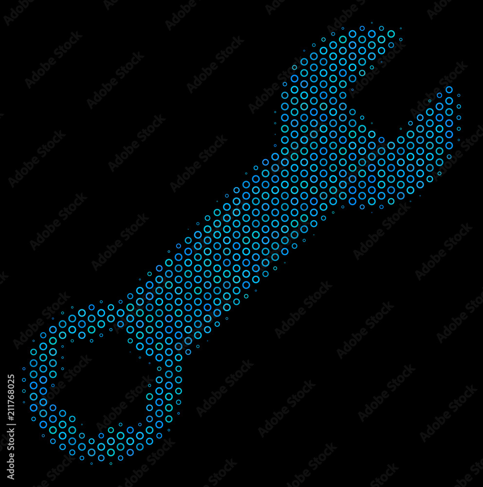 Poster halftone wrench mosaic icon of empty circles in blue color tinges on a black background. vector empt