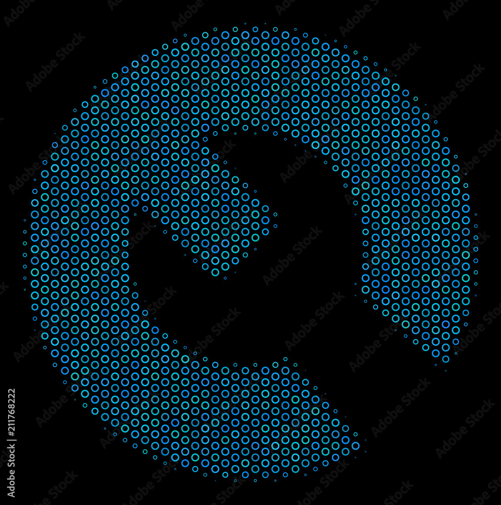 Aufkleber halftone wrench collage icon of empty circles in blue color hues on a black background. vector empty