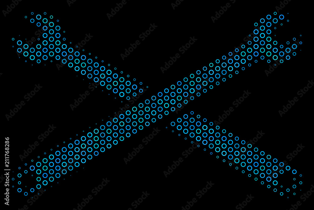 Poster halftone wrenches collage icon of spheric bubbles in blue color tones on a black background. vector 