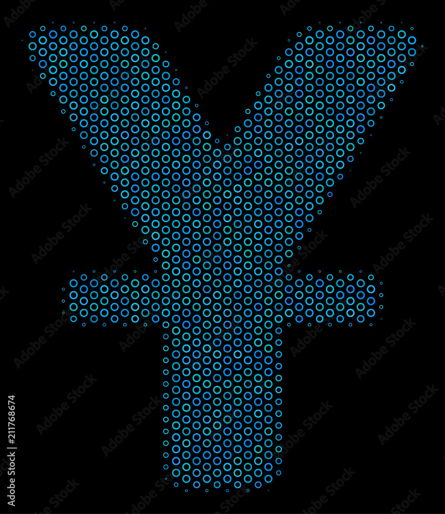 Poster halftone yuan collage icon of circle bubbles in blue color tones on a black background. vector circl