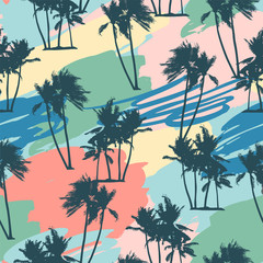 Fototapeta na wymiar Seamless tropical pattern with palms and artistic background.
