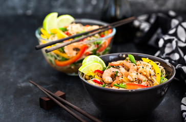 Delicious asian rice glass noodles with prawns and vegetables  (wok)