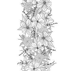 Hand drawn floral decorative element. Black and white vector border.