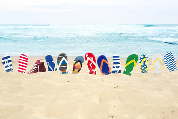 Flip-flops on the beach, summer holidays at the sea
