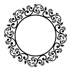 Oriental vector round frame with arabesques and floral elements. Floral black and white border with vintage pattern. Greeting card with place for text