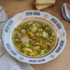 soup  with vegetables and chicken (a portion in a plate) - natural food. food background