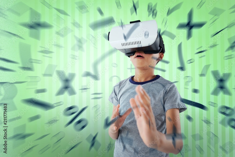 Poster composite image of boy gesturing while using virtual reality