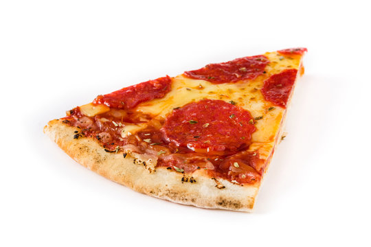 Hot italian pepperoni pizza slice isolated on white background