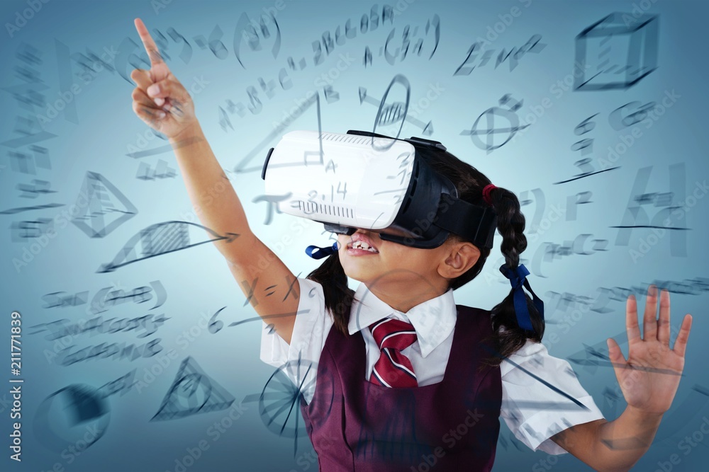Poster composite image of school girl pointing while using virtual