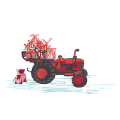 Festive New Year 2019 card. Red tractor with holiday gifts isolated on white background