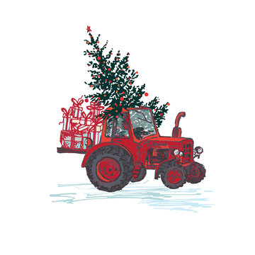 Festive New Year 2019 card. Red tractor with fir tree decorated red balls and holiday gifts isolated on white background