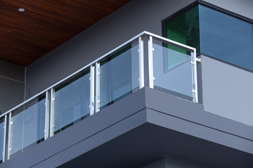 Modern architecture terrace aluminum rail and fall protection. tempered glass