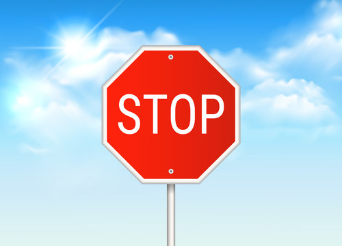 Vector realistic stop traffic sign with blue sky with sun and clouds in the background