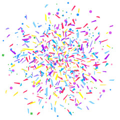 Explosion. Texture with colored elements on white. Geometric background with confetti. Pattern for design. Print for banners, posters, flyers and textiles. Greeting cards