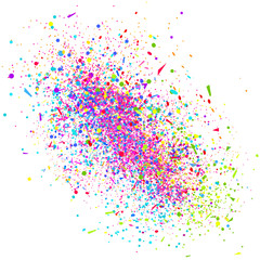 Explosion. Texture with colored geometric elements on white. Geometric background with confetti. Pattern for design. Print for banners, posters, flyers and textiles. Greeting cards