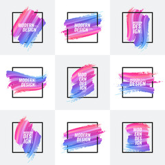Collection of multicolor banners. A set of elements for postcards, flyers, covers. Blue, red, purple paint strokes on a white background with a frame.