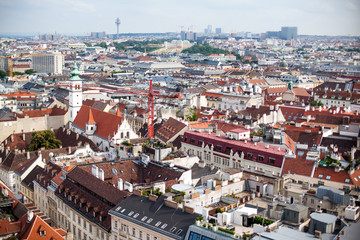 Capital city of Vienna in Austria, citysccape from the city centre and downtown. Drone view
