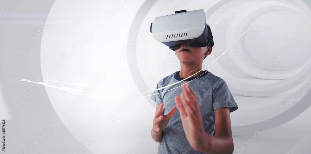 Poster boy gesturing while using virtual reality headset