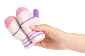 Mittens baby in hand on a white background isolation