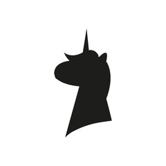 Black silhouette of unicorn on white background. Vector illustration. Black shape of unicorn s head. Graphic badge, banner, icon, print or logo.