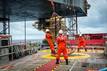 Personal basket tranfer form  supply boat to oil&gas rig offshore during crew change by boat.