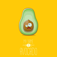 funny cartoon cute green avocado character isolated on orange background. My name is avocado vector concept. vector healthy summer fruit character