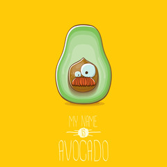 funny cartoon cute green avocado character isolated on orange background. My name is avocado vector concept. vector healthy summer fruit character