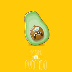 funny cartoon cute green avocado character isolated on orange background. My name is avocado vector concept. vector healthy summer fruit character