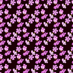 Vector seamless floral pattern of small pink flowers on a dark burgundy background