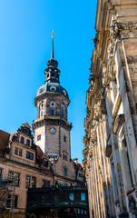 Obraz premium Close-up view of the Hausmannsturm tower in Dresden castle, located near Hofkirche cathedral. Germany landmarks