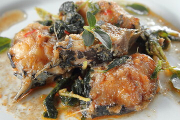 Spicy Fried Catfish with basil food in thai