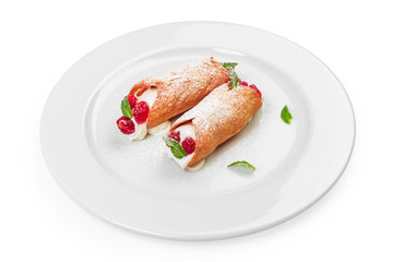 Sweet roll with berries dessert isolated on white