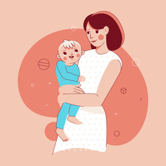 Vector illustration in trendy flat linear style - happy mother and child