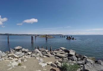 Fototapeta na wymiar landscape at the Royston shipwreck site during high tide near Courtenay, Vancouver Island British Columbia Canada