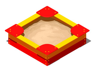 Красно-желтая деревянная детская песочница с бортиками, сидениями на углах и кучей песка для игр, изометрический векторный рисунок на 

белом фоне с тенью