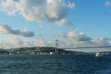 Panoramic view of Istanbul from the Bosphorus Strait.