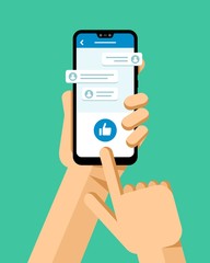 Hand holds the smartphone and presses blue like button in messanger application. Flat vector modern phone mock-up illustration